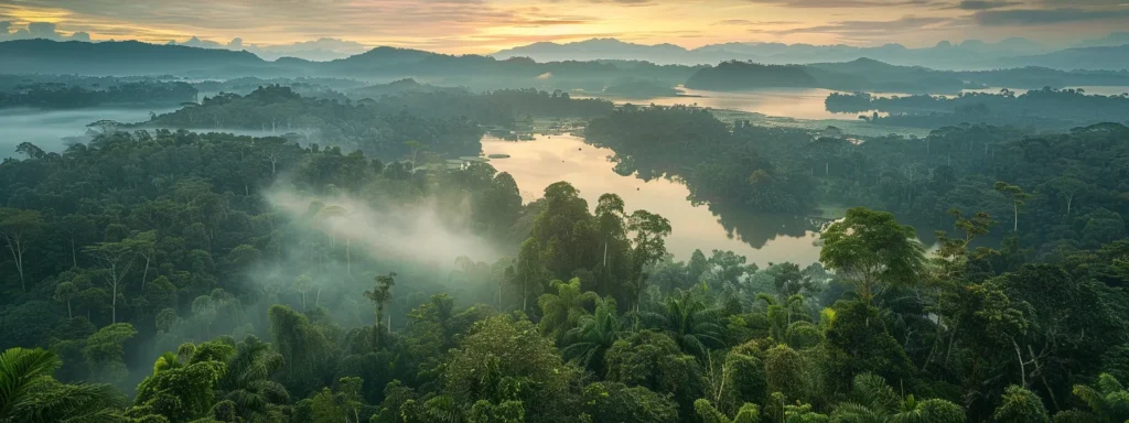 a serene landscape unfolds at dawn, where mist gently rises over a tranquil lake surrounded by lush, emerald forests under a brilliant pastel sky.