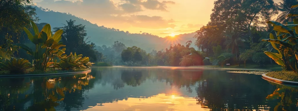 a serene sunrise casts golden light over a tranquil lake, reflecting vibrant hues of orange and pink across the glassy water, framed by lush greenery and distant mountains.