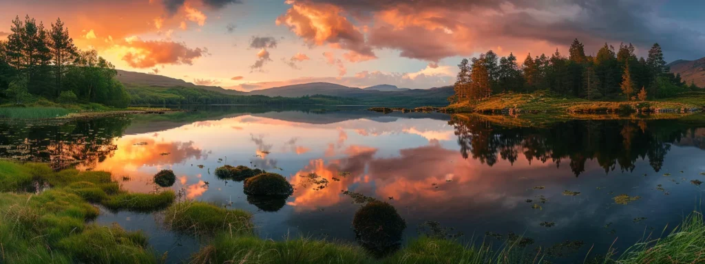 a serene sunset casts a warm golden glow over a tranquil lake, reflecting vibrant hues of orange and pink in the calm water surrounded by lush, green forests.