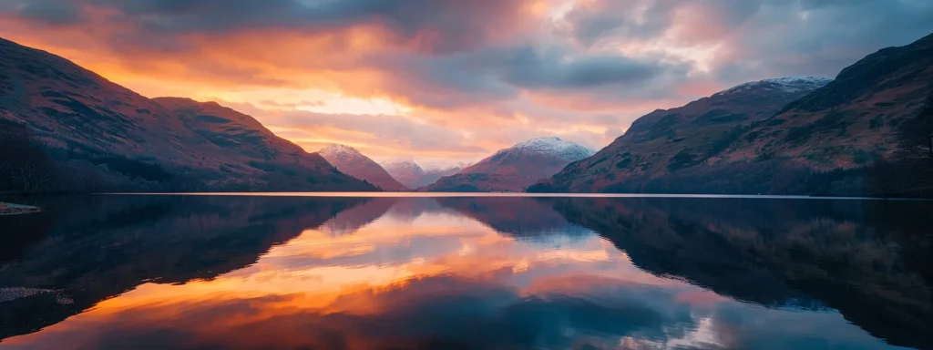 a serene sunset casts golden hues over a tranquil lake, reflecting the vibrant colors of the sky in perfect harmony, evoking a sense of peace and tranquility.