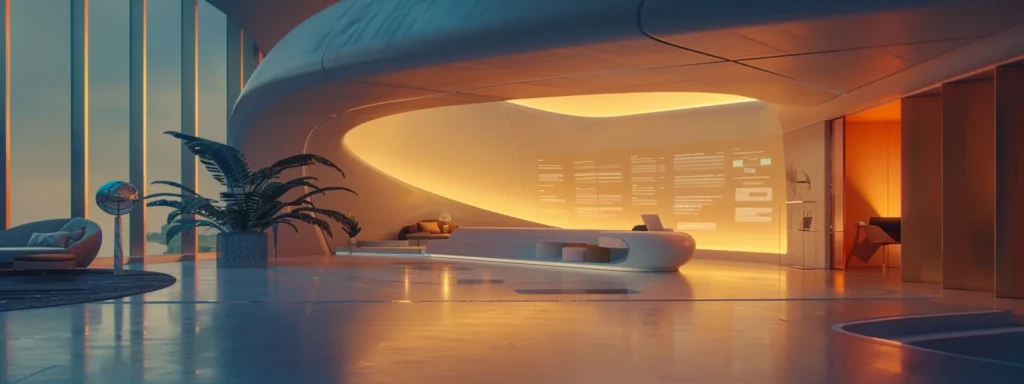 a sleek, futuristic workspace showcases a vibrant dashboard of seo ai software, illuminated by soft ambient lighting that highlights its user-friendly interface against a backdrop of competitive analytics.