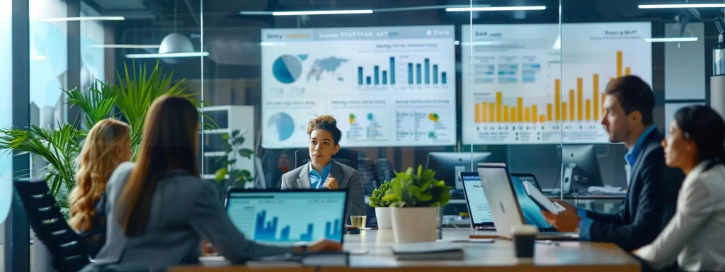 a sleek, modern office environment showcases a diverse group of focused seo professionals engaged in animated discussions, surrounded by digital screens displaying analytics and user feedback data on seo ai software.