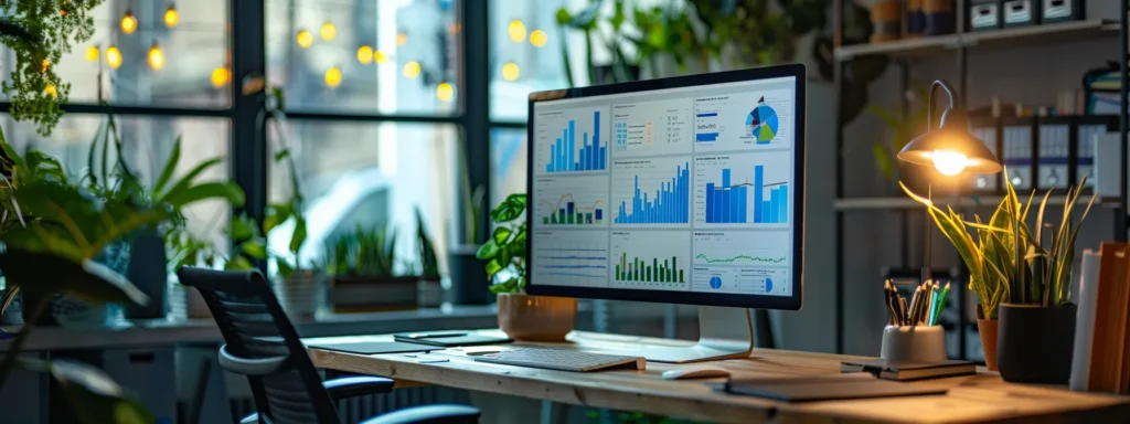 a sleek, modern office space illuminated by soft, natural light, featuring a high-tech computer setup with graphs and analytics displayed on the screen, embodying the sophisticated landscape of seo ai software and its hidden costs.