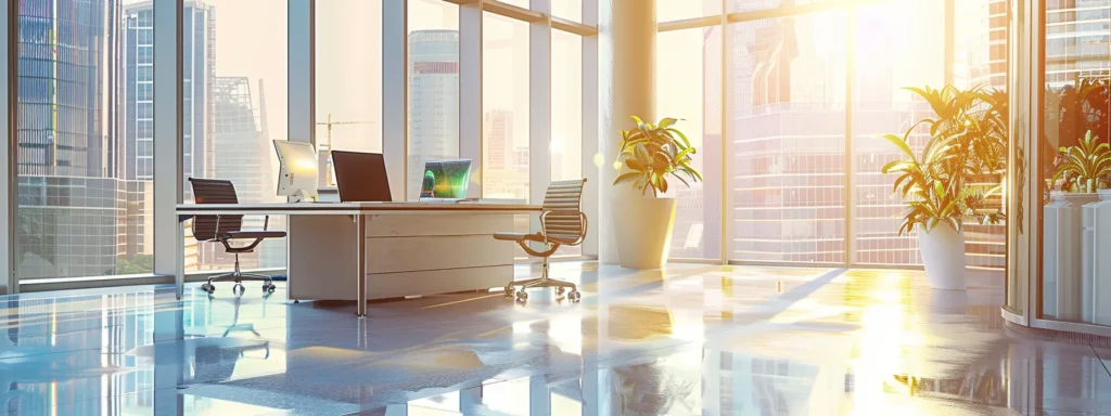 a sleek, modern office workspace features a high-tech laptop displaying advanced analytics graphs, emphasizing the innovative pricing structure of seo ai software against a backdrop of bright, dynamic light streaming through large windows.