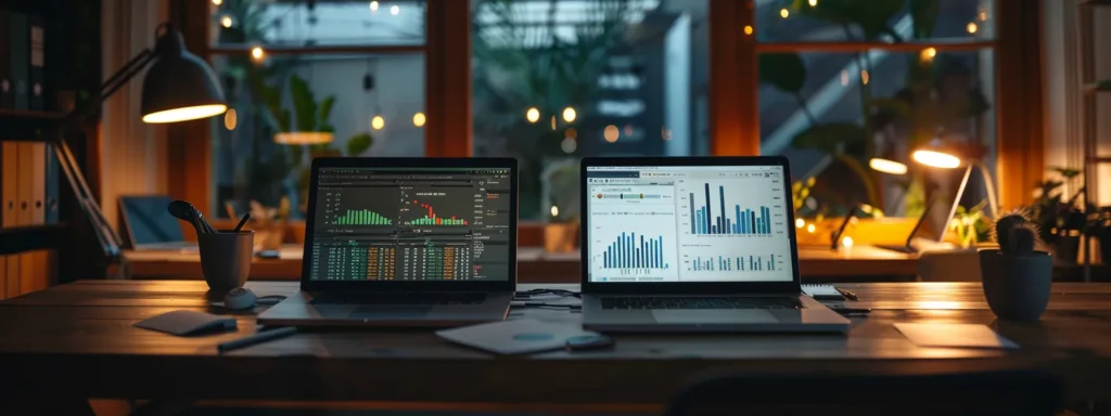 a sleek, modern workspace featuring two high-end laptops side by side, each displaying vibrant graphs and analytics, illuminated by soft, ambient lighting that emphasizes the innovative essence of seo ai tools.