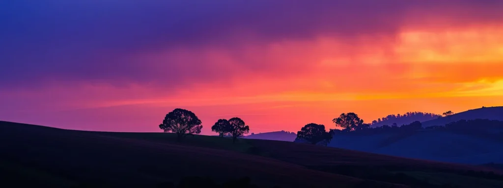 a stunning landscape captures a vibrant sunset over rolling hills, with silhouettes of graceful trees contrasting against a sky painted in rich hues of orange and purple.