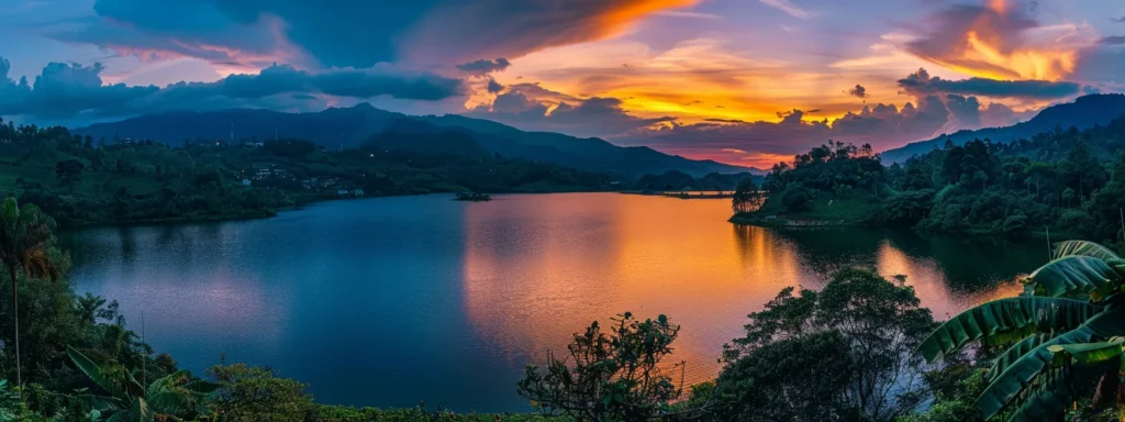 a stunning sunset casts a golden hue over a tranquil lake, reflecting the vibrant colors of the sky and surrounding lush greenery, creating a serene and captivating landscape.