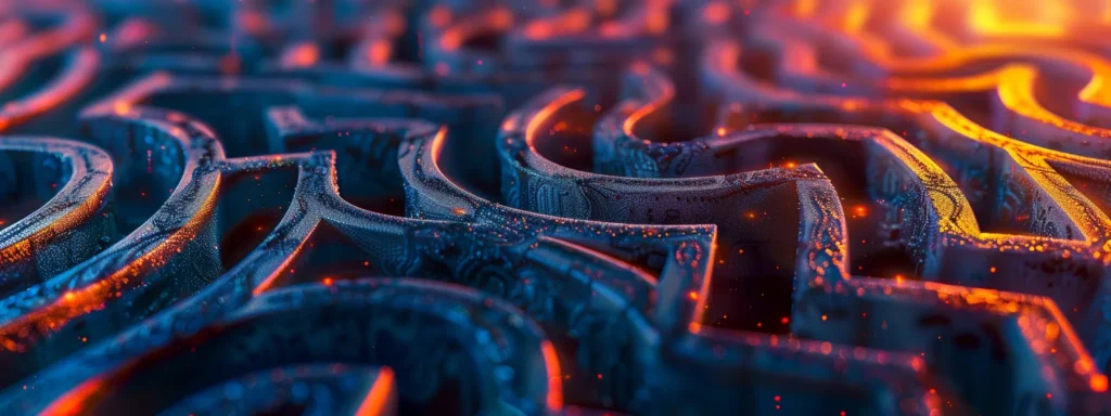a vibrant digital landscape depicting a towering, tangled maze of seo keywords and strategies, symbolizing the complexities and challenges businesses face in enhancing their online visibility.