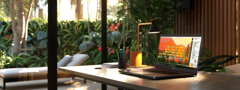 a vibrant, modern workspace features a sleek laptop displaying colorful charts and graphs related to seo ai tool pricing, illuminated by soft, natural light streaming through large windows.