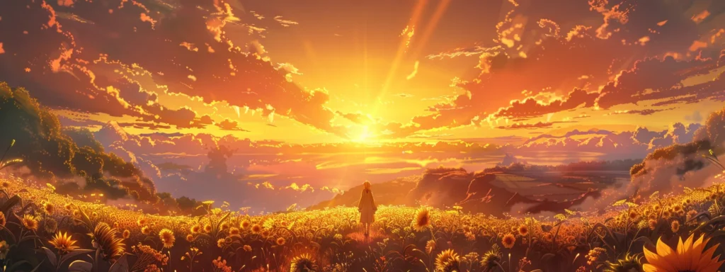 a vibrant sunflower field stretches beneath a radiant golden sunset, creating a striking contrast between the bright yellow blooms and the warm hues of the evening sky.