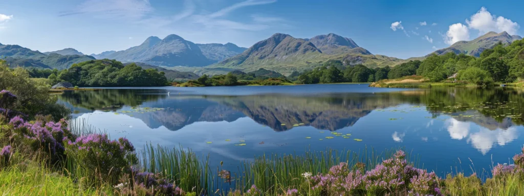 a vibrant, sunlit landscape features a majestic mountain range reflected in a serene lake, surrounded by lush greenery and wildflowers, capturing the essence of tranquility and natural beauty.