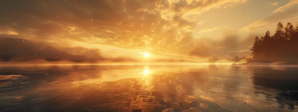 a vibrant sunrise casts golden rays over a tranquil lake, where mist gently rises from the mirrored water, creating an ethereal ambiance filled with serene beauty.