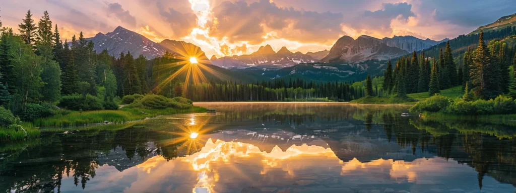 a vibrant sunrise casts golden light over a tranquil mountain lake, reflecting the breathtaking peaks and lush greenery surrounding it.