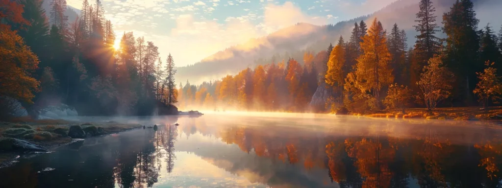 a vibrant sunrise casts golden rays over a tranquil lake, where mist rises gently from the water's surface, creating a serene reflection of colorful autumn trees lining the shore.