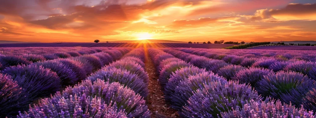 a vibrant sunset casts a golden glow over an expansive lavender field, with rows of blooming purple flowers stretching towards the horizon under a dramatic sky.