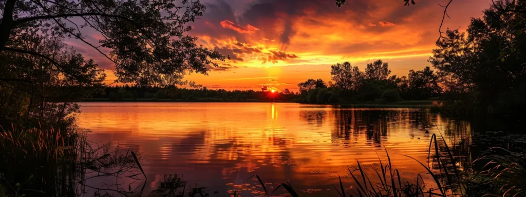 a vibrant sunset casts a golden hue over a serene lake, reflecting the colorful sky while silhouetted trees frame the tranquil waters, evoking a sense of peace and natural beauty.