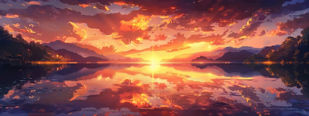 a vibrant sunset casts a golden glow over a serene lake, with silhouettes of majestic mountains rising dramatically in the background, reflecting perfectly in the tranquil water below.