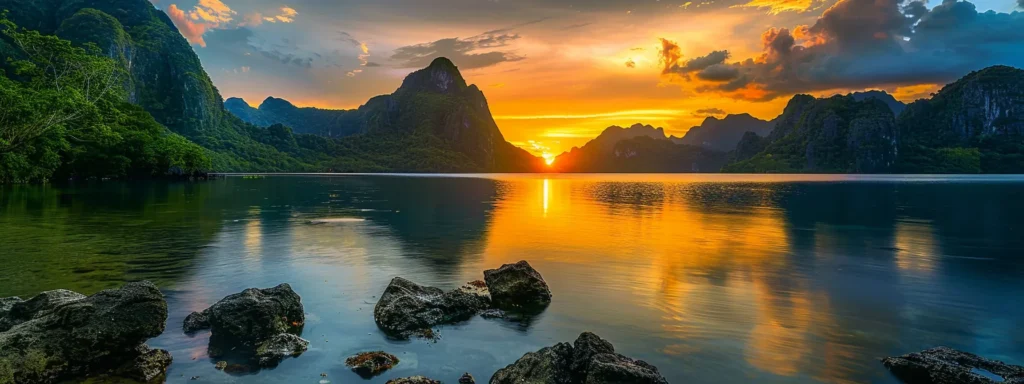 a vibrant sunset casts a warm glow over a tranquil lake, with majestic mountain silhouettes reflecting on the crystal-clear water.