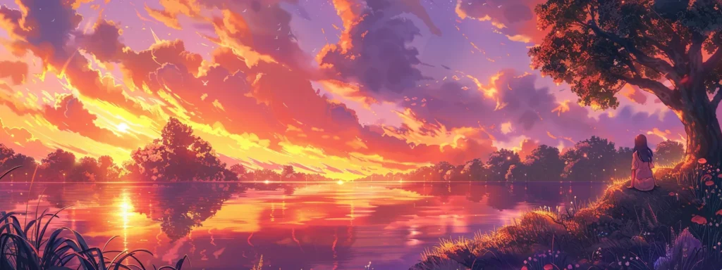 a vibrant sunset casts a golden glow over a tranquil lake, reflecting the rich hues of orange and purple in the sky, creating an atmosphere of serene beauty and peaceful solitude.