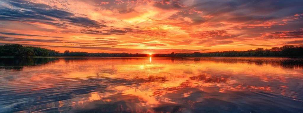 a vibrant sunset casts a warm golden glow over a tranquil lake, reflecting the brilliant hues of orange and pink in the sky, creating a serene and captivating atmosphere.