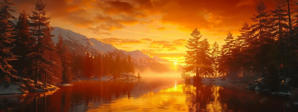 a vibrant sunset casts golden hues over a tranquil lake, reflecting the fiery sky and silhouetting lush trees along its serene shores.
