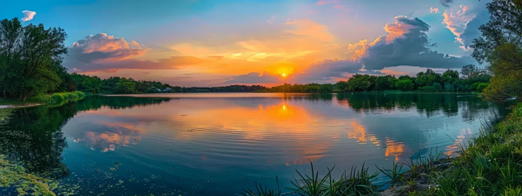 a vibrant sunset casts golden hues over a tranquil lake, reflecting the colorful sky and surrounding lush greenery in a perfect harmony of nature's beauty.