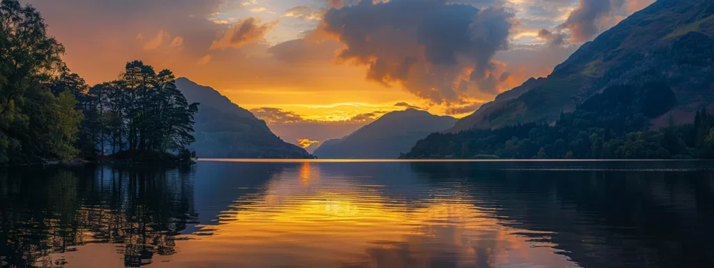 a vibrant sunset casts rich golden hues across a tranquil lake, reflecting the silhouettes of towering pine trees and a distant mountain range.
