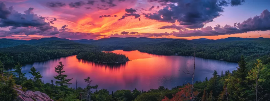 a vibrant sunset paints the sky with fiery oranges and deep purples, reflecting off the tranquil surface of a serene lake surrounded by lush greenery.