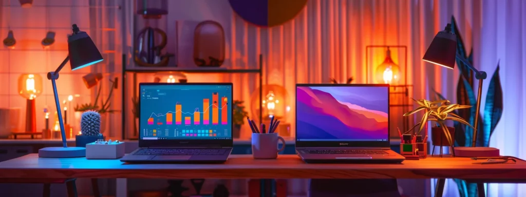 a vibrant workspace filled with two laptops displaying eye-catching graphs and charts, illuminated by warm, natural light, capturing the essence of strategic collaboration and innovative solutions in managing seo expenses.