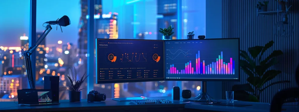 a visually engaging comparison chart displaying various seo ai software options, highlighted by vibrant colors and clear labels, set against a sleek modern workspace backdrop that conveys user-friendliness and accessibility.