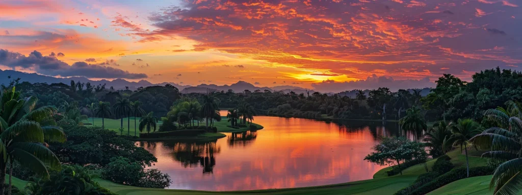 a vivid sunset casts a warm golden glow over a tranquil lake, reflecting the rich hues of orange, pink, and purple in the sky, surrounded by lush greenery and distant mountains.