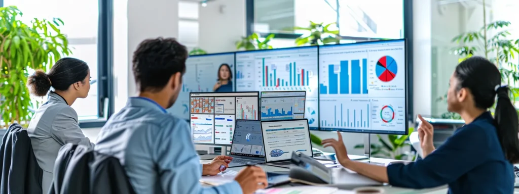 a dynamic and modern office environment showcases a team engaged in a collaborative discussion, with visually represented analytics and graphs on screens illustrating the impactful integration of ai in optimizing seo strategies.