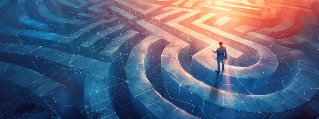 a dynamic digital landscape showcasing a business professional confidently navigating through towering, illuminated seo hurdles, symbolizing the strategic power of ai software in overcoming challenges.