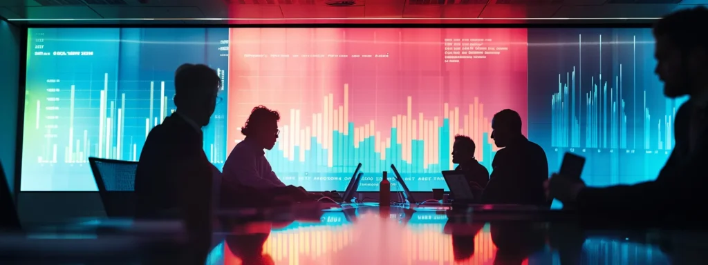 a dynamic meeting room filled with professionals analyzing data on sleek screens, illuminated by soft, modern lighting that highlights the integration of ai tools in enhancing seo strategies.