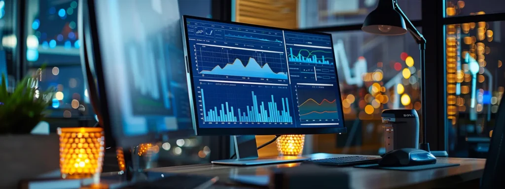 a sleek, modern digital workspace showcasing a luminous computer screen displaying dynamic graphs and analytics, encapsulating the essence of seo ai software's transformative power in digital marketing.