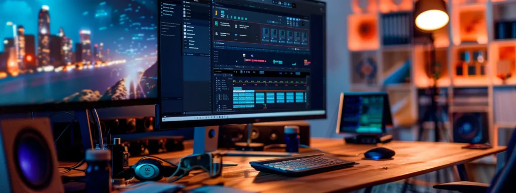 a sleek, modern workspace featuring a large monitor displaying an intuitive user interface for seo ai software, surrounded by vibrant design elements that emphasize usability and customization, illuminated by soft, natural light streaming through a nearby window.