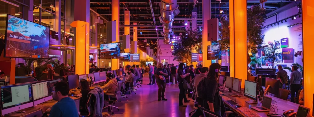 a vibrant, bustling workspace filled with engaged individuals collaborating energetically around computers, illuminated by warm, inviting lighting that highlights banners promoting customer support and community resources.