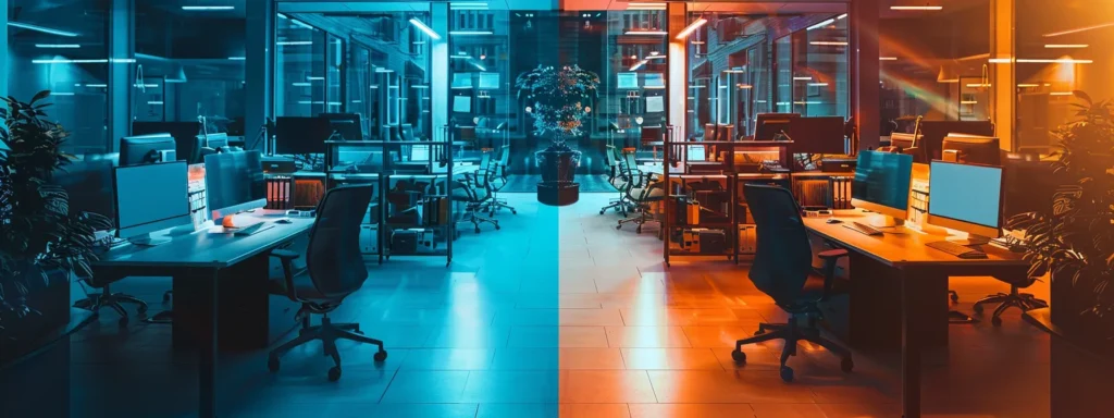 a vibrant, split-screen image contrasting the efficiency of ai-driven seo software, depicted as a sleek digital interface, with the complexity of traditional seo services represented by a cluttered, chaotic office filled with paperwork and outdated technology.