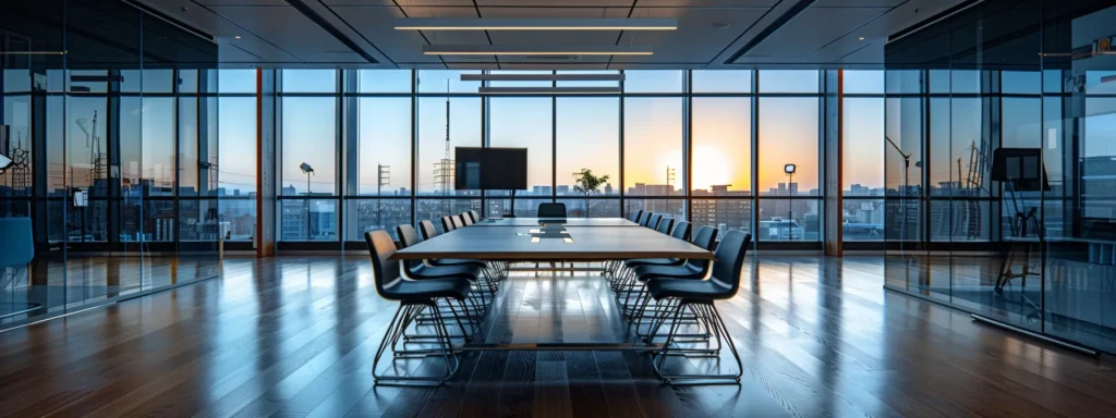 a visually compelling scene showcases a modern office environment with a sleek conference table where professionals discuss various seo service pricing models, illuminated by natural light streaming through large windows, emphasizing collaboration and strategic planning.