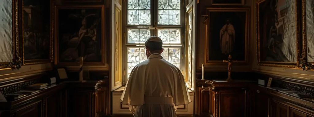 a contemplative papal figure stands in a grand, dimly lit office adorned with historical artifacts and books, gazing thoughtfully out of an ornate window, symbolizing the weight of future challenges and societal issues facing the church.