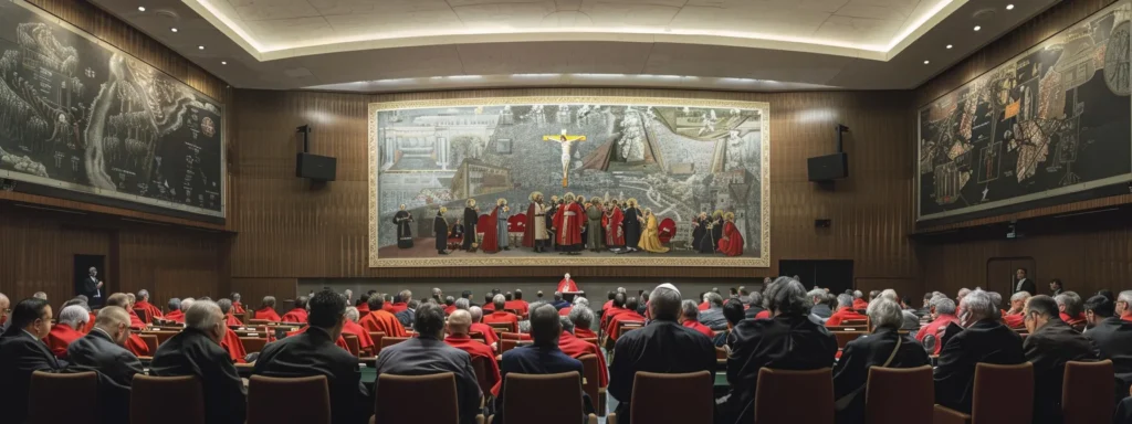 a sleek, modern conference room filled with diverse clergy members engaged in a dynamic discussion, highlighting prominent cardinals and emerging bishops as they explore the future of papal leadership amidst a backdrop of sophisticated technology and global maps.